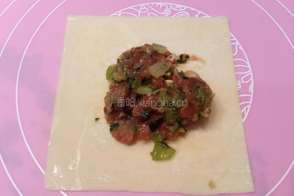 芹菜猪肉元宝馄饨包法的做法图解3