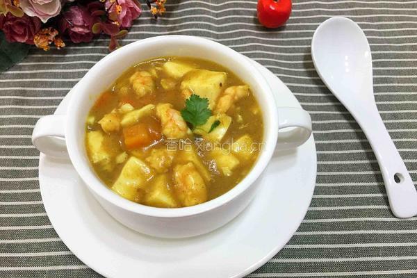 咖喱虾仁豆腐的做法图解1