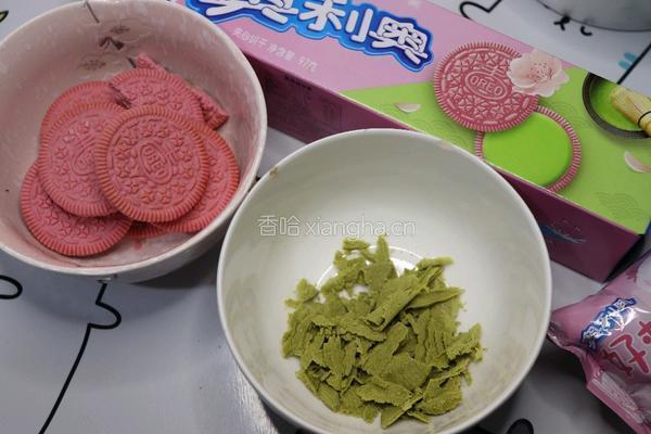 樱花抹茶雪花酥的做法图解1