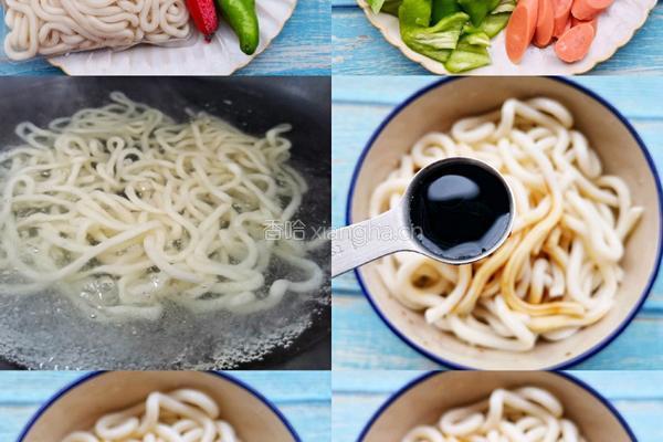 青椒火腿乌冬面的做法图解1
